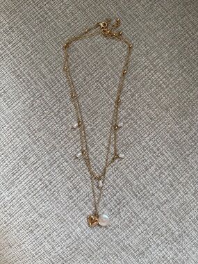 Gold Double-Layer Necklace with Heart and Pearl Pendant - Women's Jewelry